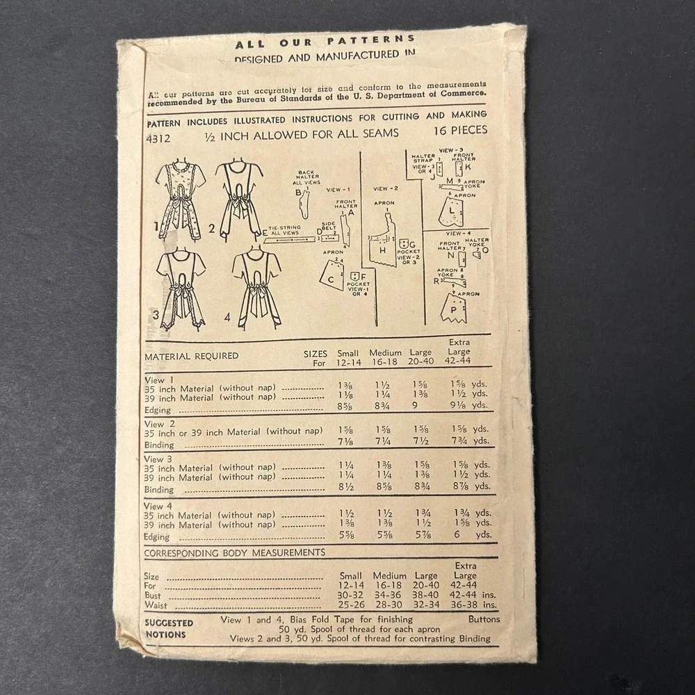 Vintage 40's 4312 Apron Advance Sewing Pattern Women Medium Scalloped Bib Apron